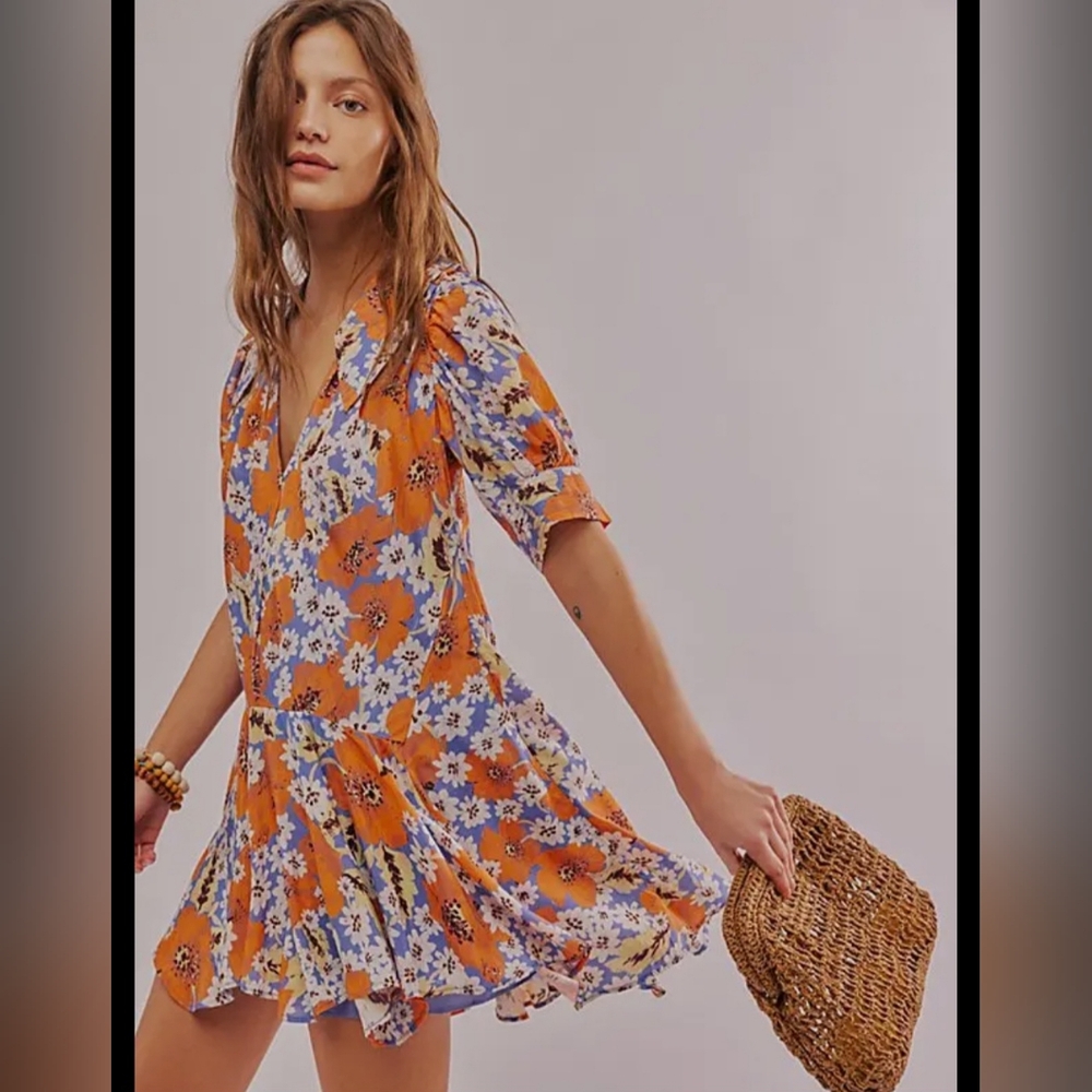 Free People Orange and Blue Mini Dress